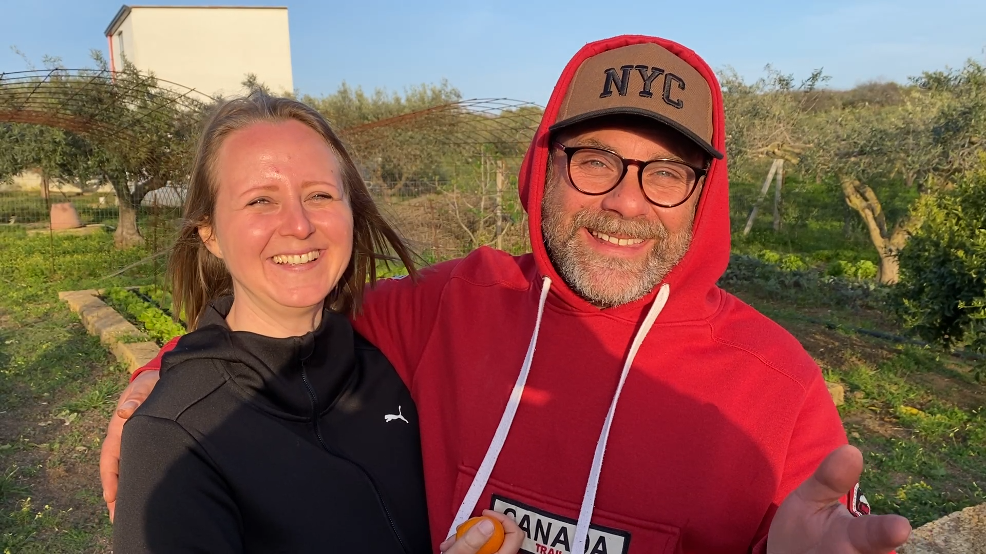 Nino and Brigita in garden at Beddu Cori farm in Sicily