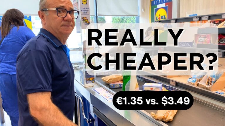Croce at the Lidl checkout in Sicily comparing grocery prices