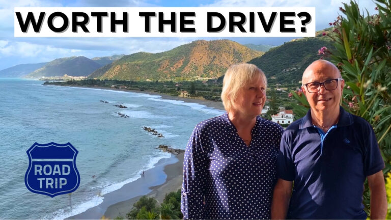 Carol and Croce with Tyrrhenian Sea coastline in the background during their road trip from Sicily to Calabria